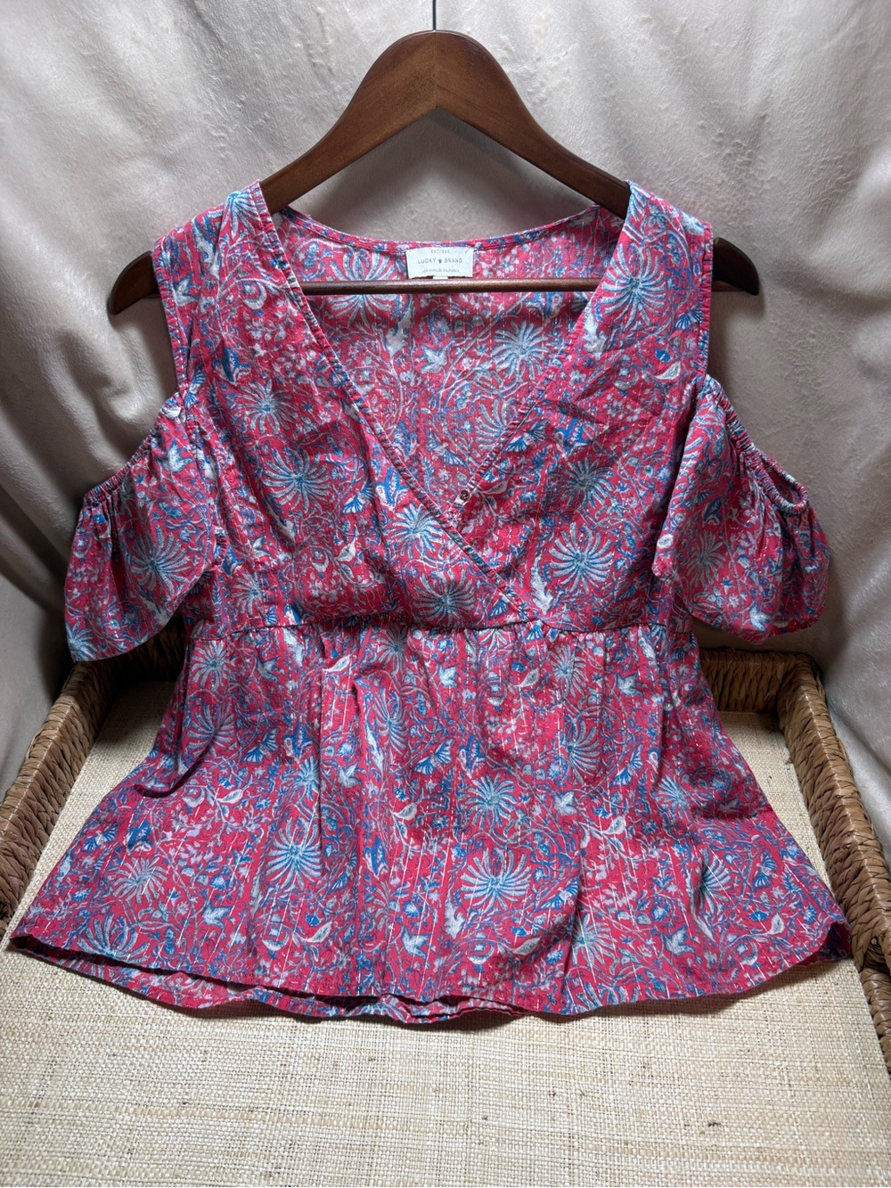 Summer Sale Lucky Brand Cold Shoulder Boho Peplum Top Medium Pink Blue